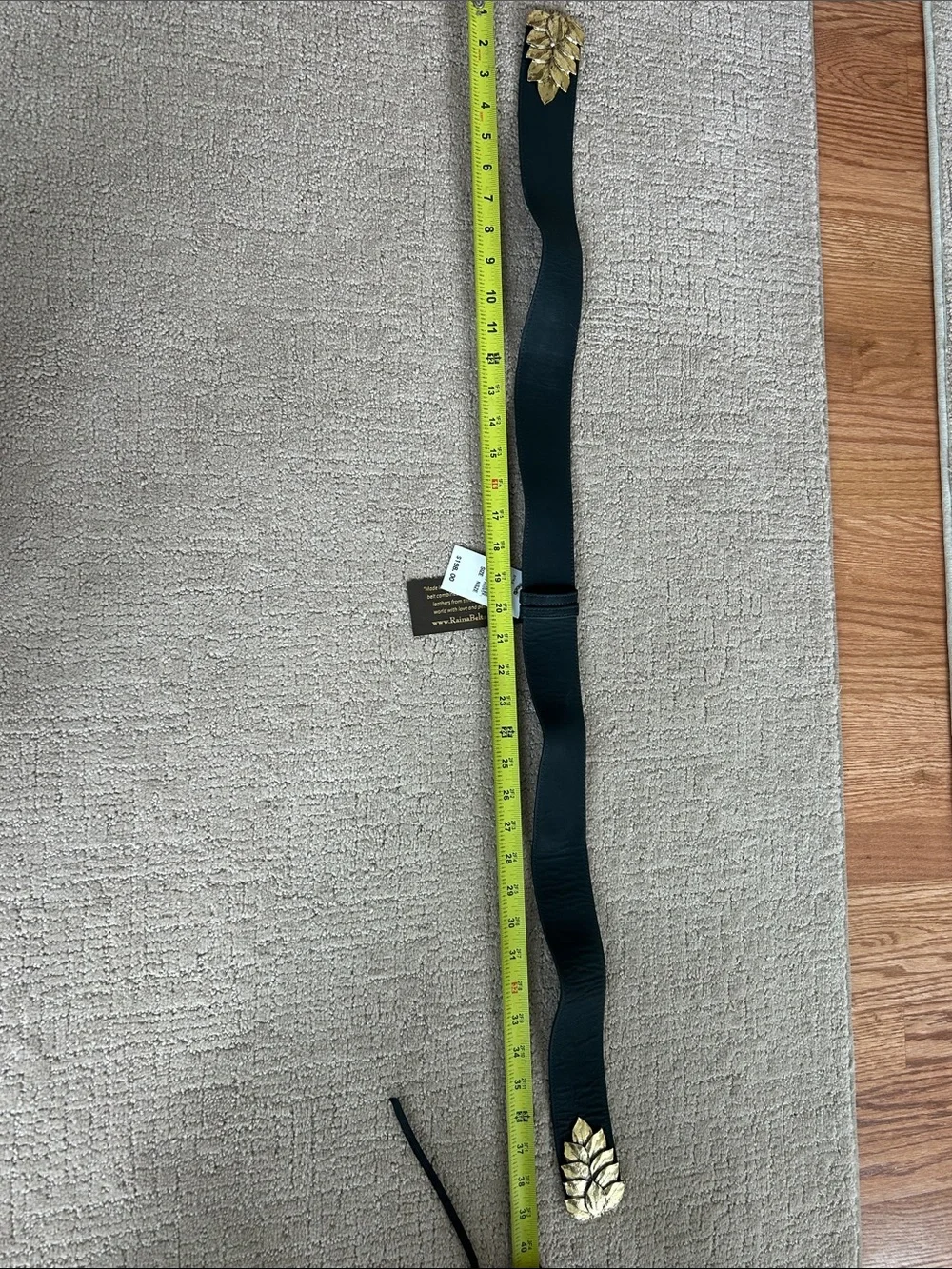 Black Elastic Waist Belt with Gold Leaf Detail